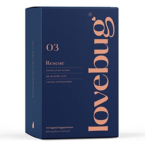 LoveBug Women's Health Rescue Vaginale Borsäure-Zäpfchen – Schnell wirkende Zäpfchen gegen Geruch, Ausfluss, Hefepilze und pH-Gleichgewicht mit Kokosöl, Hyaluronsäure & Vitamin E, 14 Stück