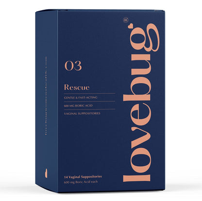 LoveBug Women's Health Rescue Vaginale Borsäure-Zäpfchen – Schnell wirkende Zäpfchen gegen Geruch, Ausfluss, Hefepilze und pH-Gleichgewicht mit Kokosöl, Hyaluronsäure & Vitamin E, 14 Stück