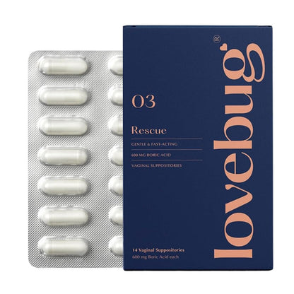 LoveBug Women's Health Rescue Vaginale Borsäure-Zäpfchen – Schnell wirkende Zäpfchen gegen Geruch, Ausfluss, Hefepilze und pH-Gleichgewicht mit Kokosöl, Hyaluronsäure & Vitamin E, 14 Stück