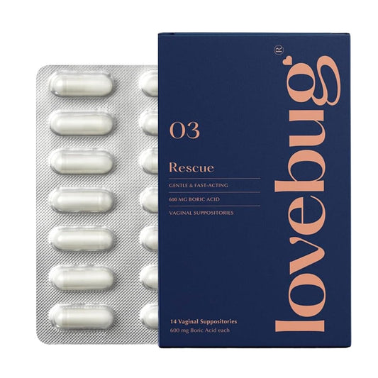 LoveBug Women's Health Rescue Vaginale Borsäure-Zäpfchen – Schnell wirkende Zäpfchen gegen Geruch, Ausfluss, Hefepilze und pH-Gleichgewicht mit Kokosöl, Hyaluronsäure & Vitamin E, 14 Stück