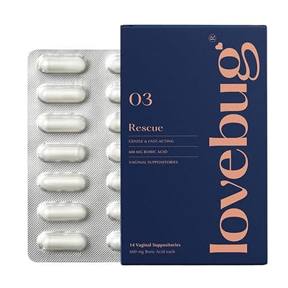 LoveBug Women's Health Rescue Vaginale Borsäure-Zäpfchen – Schnell wirkende Zäpfchen gegen Geruch, Ausfluss, Hefepilze und pH-Gleichgewicht mit Kokosöl, Hyaluronsäure & Vitamin E, 14 Stück