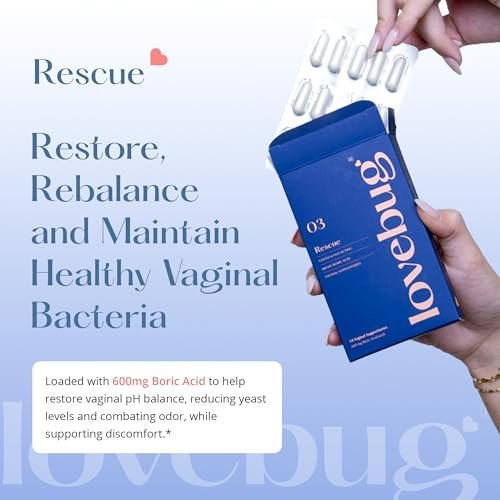 LoveBug Women's Health Rescue Vaginale Borsäure-Zäpfchen – Schnell wirkende Zäpfchen gegen Geruch, Ausfluss, Hefepilze und pH-Gleichgewicht mit Kokosöl, Hyaluronsäure & Vitamin E, 14 Stück