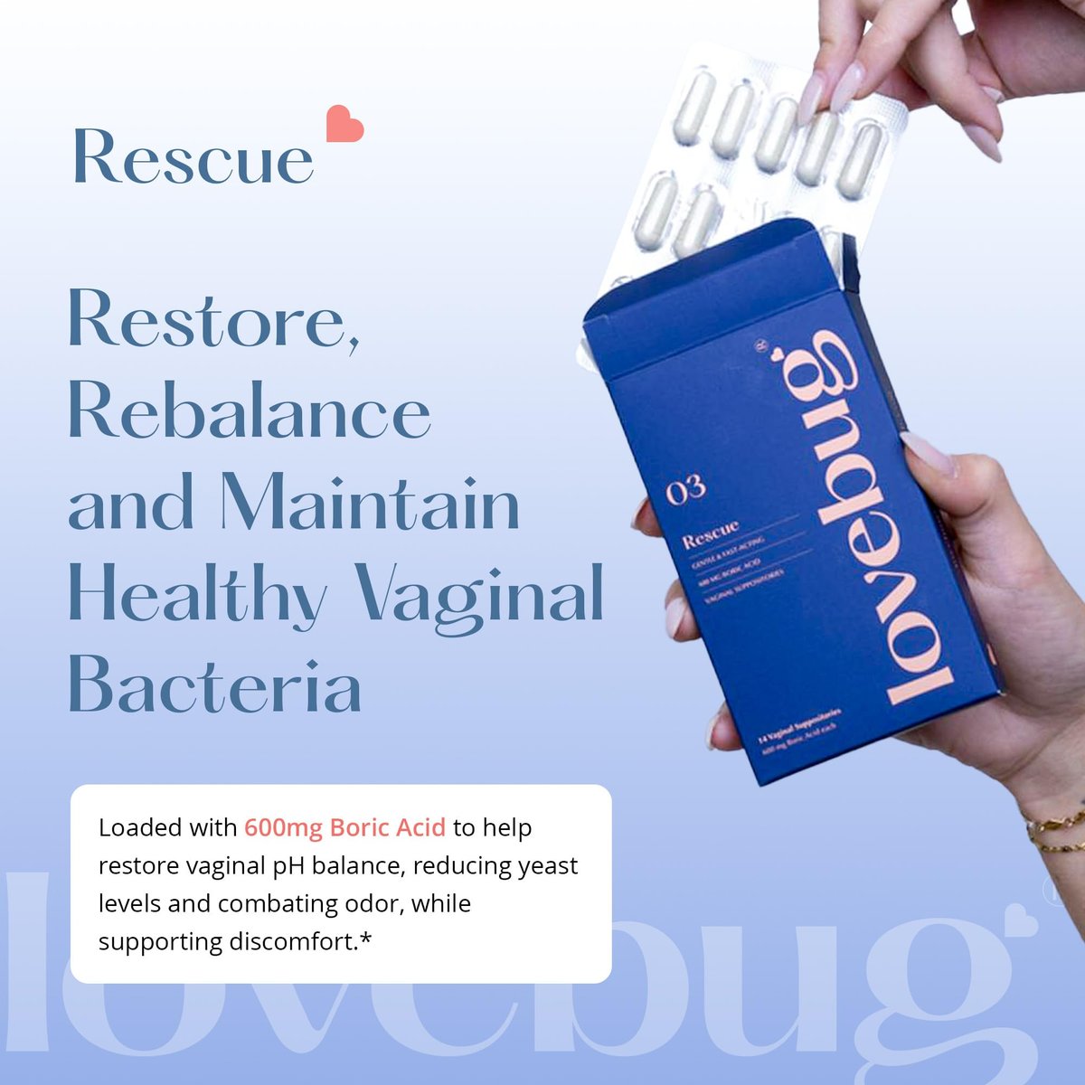 LoveBug Women's Health Rescue Vaginale Borsäure-Zäpfchen – Schnell wirkende Zäpfchen gegen Geruch, Ausfluss, Hefepilze und pH-Gleichgewicht mit Kokosöl, Hyaluronsäure & Vitamin E, 14 Stück