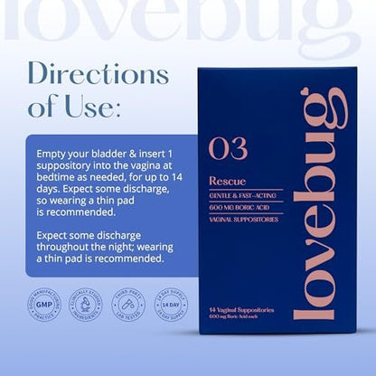 LoveBug Women's Health Rescue Vaginale Borsäure-Zäpfchen – Schnell wirkende Zäpfchen gegen Geruch, Ausfluss, Hefepilze und pH-Gleichgewicht mit Kokosöl, Hyaluronsäure & Vitamin E, 14 Stück