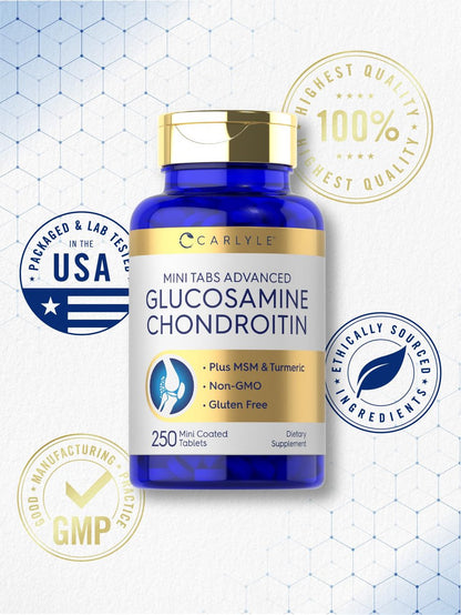 Carlyle Glucosamin Chondroitin MSM | 250 Minitabletten | Fortschrittliche Formel mit Kurkuma | Non-GMO, Glutenfrei
