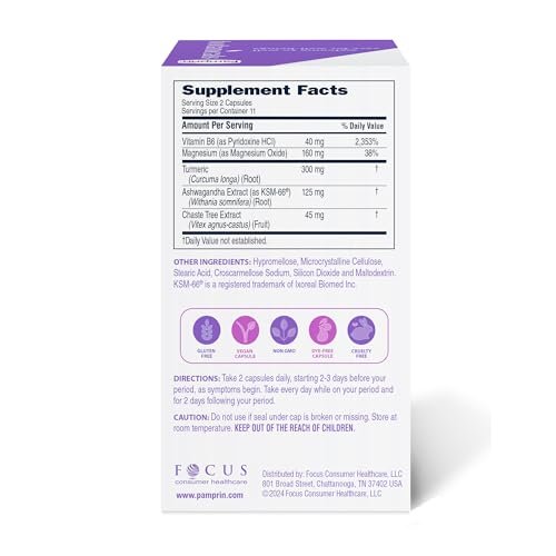 Pamprin Botanicals Kapseln für PMS & Menstruationsbeschwerden – mit Ashwagandha, Magnesium, Kurkuma, Vitamin B6, Mönchspfeffer, 22 Stück