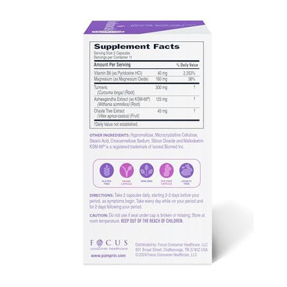 Pamprin Botanicals Kapseln für PMS & Menstruationsbeschwerden – mit Ashwagandha, Magnesium, Kurkuma, Vitamin B6, Mönchspfeffer, 22 Stück