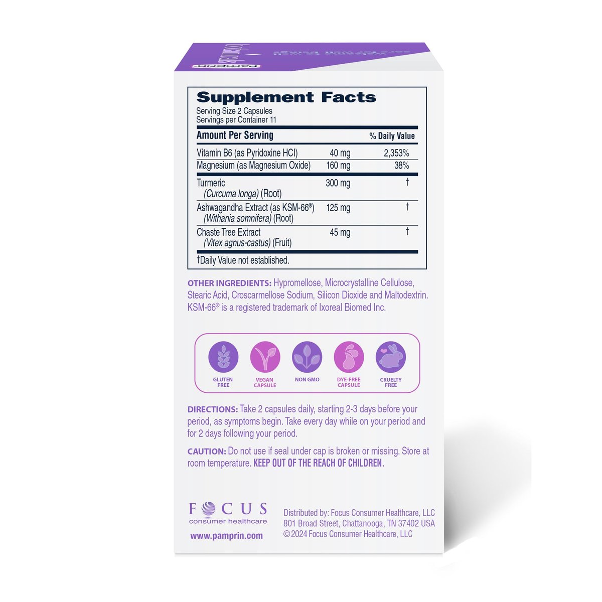 Pamprin Botanicals Kapseln für PMS & Menstruationsbeschwerden – mit Ashwagandha, Magnesium, Kurkuma, Vitamin B6, Mönchspfeffer, 22 Stück