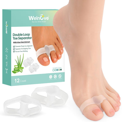 Welnove 12er-Pack Zehenspreizer mit 2 Schlaufen, Zehenkorrektor für Ballenzehen und überlappende Zehen, mit Aloe-Vera-Extrakt (Transparent)