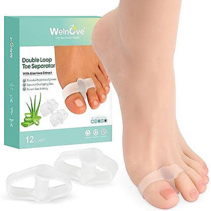 Welnove 12er-Pack Zehenspreizer mit 2 Schlaufen, Zehenkorrektor für Ballenzehen und überlappende Zehen, mit Aloe-Vera-Extrakt (Transparent)