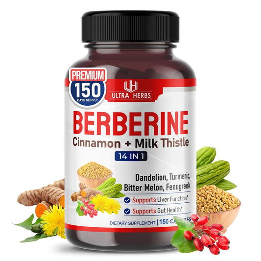 Ultra Herbs Premium Berberin mit Zimt und Mariendistel – Unterstützt Leberfunktion, Darmgesundheit und Immunsystem (150 Kapseln)