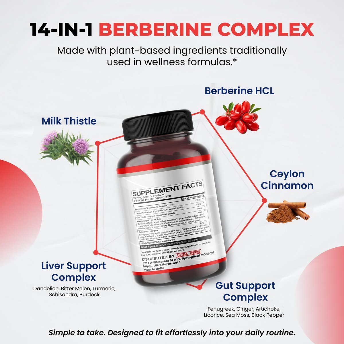 Ultra Herbs Premium Berberin mit Zimt und Mariendistel – Unterstützt Leberfunktion, Darmgesundheit und Immunsystem (150 Kapseln)