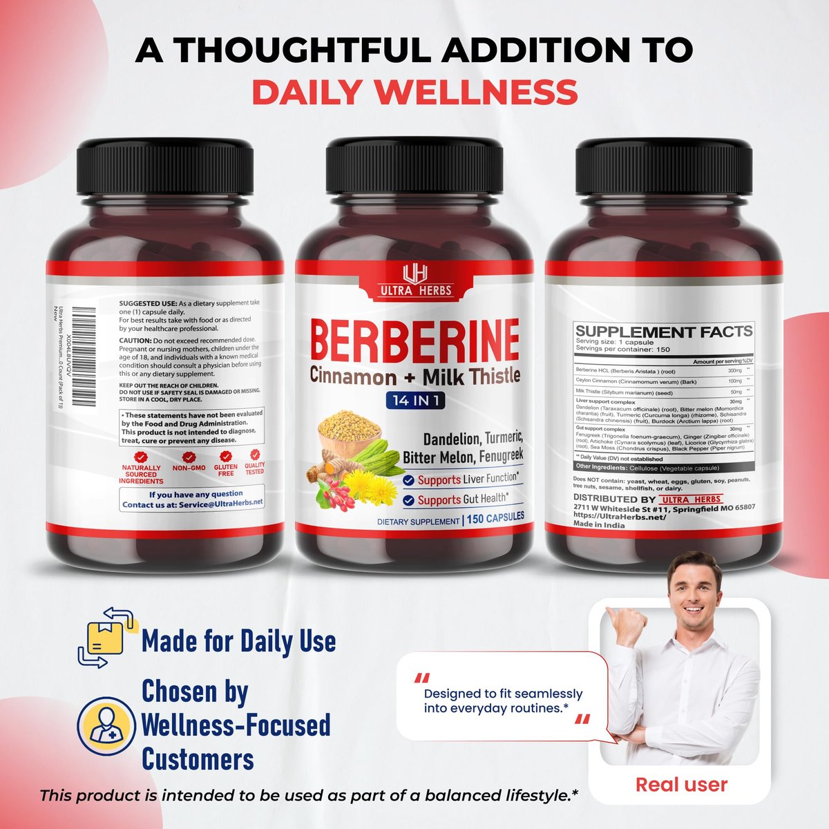 Ultra Herbs Premium Berberin mit Zimt und Mariendistel – Unterstützt Leberfunktion, Darmgesundheit und Immunsystem (150 Kapseln)