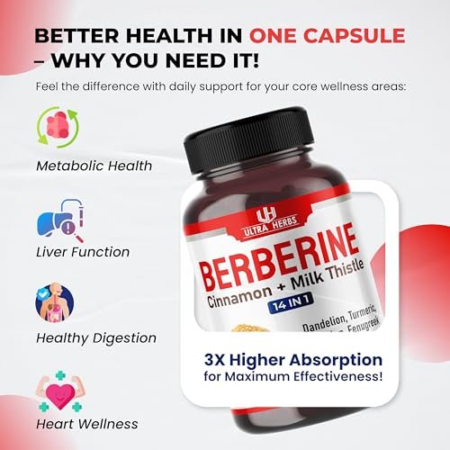 Ultra Herbs Premium Berberin mit Zimt und Mariendistel – Unterstützt Leberfunktion, Darmgesundheit und Immunsystem (150 Kapseln)