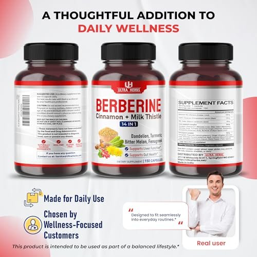 Ultra Herbs Premium Berberin mit Zimt und Mariendistel – Unterstützt Leberfunktion, Darmgesundheit und Immunsystem (150 Kapseln)
