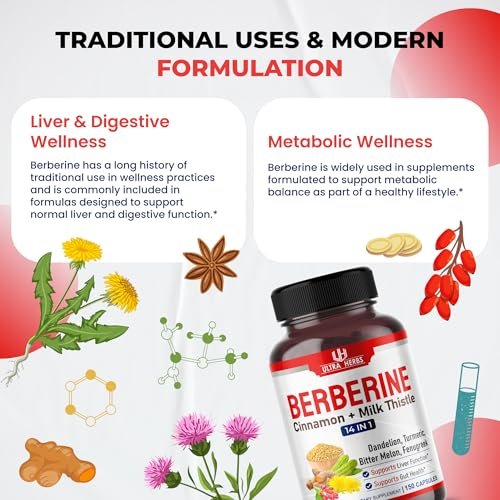 Ultra Herbs Premium Berberin mit Zimt und Mariendistel – Unterstützt Leberfunktion, Darmgesundheit und Immunsystem (150 Kapseln)