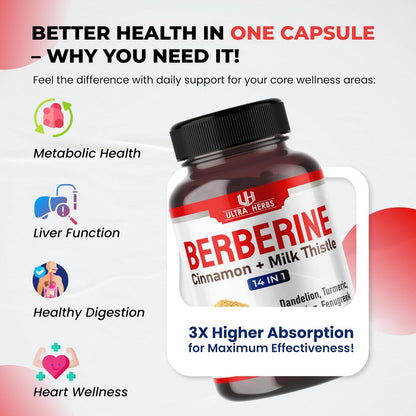 Ultra Herbs Premium Berberin mit Zimt und Mariendistel – Unterstützt Leberfunktion, Darmgesundheit und Immunsystem (150 Kapseln)