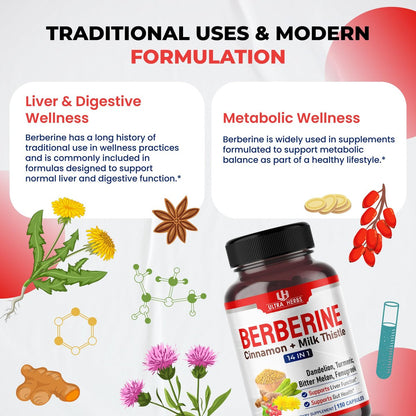 Ultra Herbs Premium Berberin mit Zimt und Mariendistel – Unterstützt Leberfunktion, Darmgesundheit und Immunsystem (150 Kapseln)