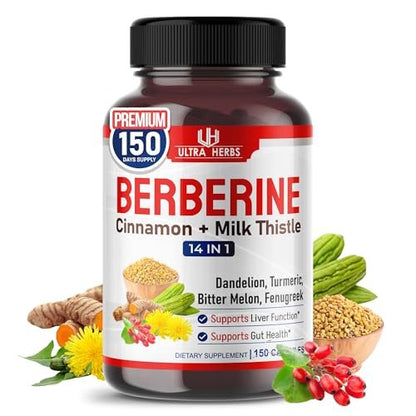 Ultra Herbs Premium Berberin mit Zimt und Mariendistel – Unterstützt Leberfunktion, Darmgesundheit und Immunsystem (150 Kapseln)
