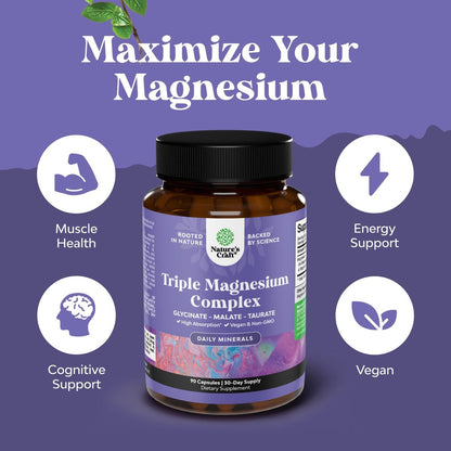 Triple Magnesium Complex Supplement - Hochabsorbierendes Magnesiumtaurat, Glycinat & Malat für Schlaf, Muskeln, Knochen & Stimmung - Non GMO, vegan - 90 Kapseln