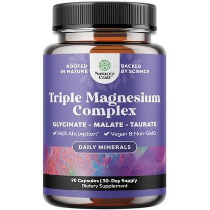 Triple Magnesium Complex Supplement - Hochabsorbierendes Magnesiumtaurat, Glycinat & Malat für Schlaf, Muskeln, Knochen & Stimmung - Non GMO, vegan - 90 Kapseln