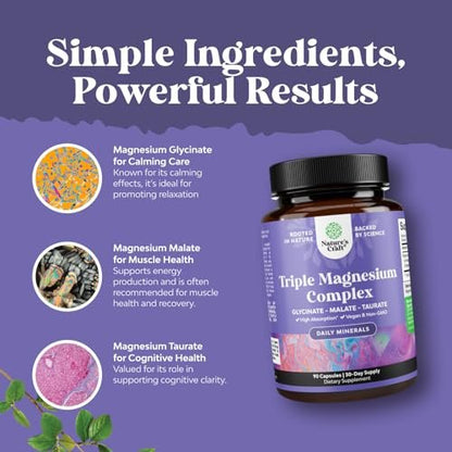 Triple Magnesium Complex Supplement - Hochabsorbierendes Magnesiumtaurat, Glycinat & Malat für Schlaf, Muskeln, Knochen & Stimmung - Non GMO, vegan - 90 Kapseln