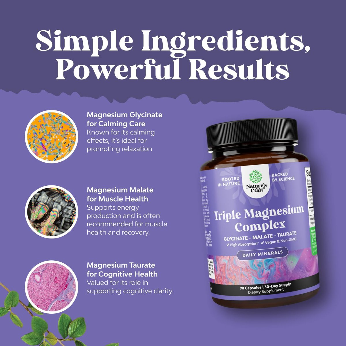 Triple Magnesium Complex Supplement - Hochabsorbierendes Magnesiumtaurat, Glycinat & Malat für Schlaf, Muskeln, Knochen & Stimmung - Non GMO, vegan - 90 Kapseln