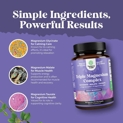 Triple Magnesium Complex Supplement - Hochabsorbierendes Magnesiumtaurat, Glycinat & Malat für Schlaf, Muskeln, Knochen & Stimmung - Non GMO, vegan - 90 Kapseln