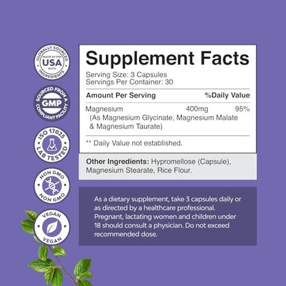 Triple Magnesium Complex Supplement - Hochabsorbierendes Magnesiumtaurat, Glycinat & Malat für Schlaf, Muskeln, Knochen & Stimmung - Non GMO, vegan - 90 Kapseln