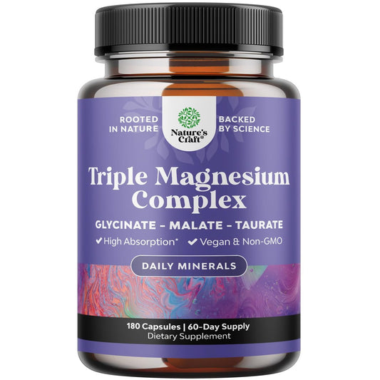 Triple Magnesium Komplex Supplement – Hochabsorbierendes Magnesiumglycinat, Malat & Taurat für Muskelenergie und Herzgesundheit – 400 mg Kapseln, 180 Stück