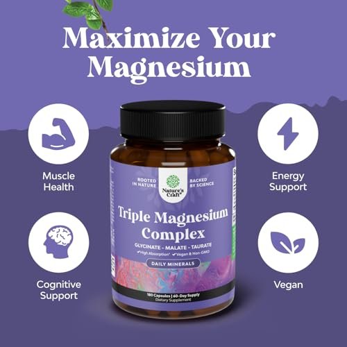 Triple Magnesium Komplex Supplement – Hochabsorbierendes Magnesiumglycinat, Malat & Taurat für Muskelenergie und Herzgesundheit – 400 mg Kapseln, 180 Stück