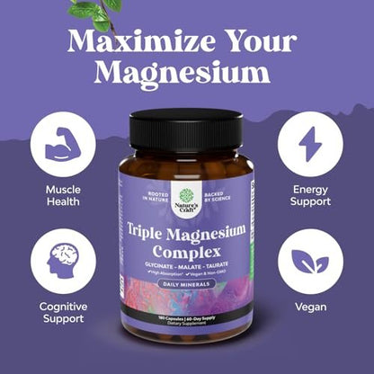 Triple Magnesium Komplex Supplement – Hochabsorbierendes Magnesiumglycinat, Malat & Taurat für Muskelenergie und Herzgesundheit – 400 mg Kapseln, 180 Stück