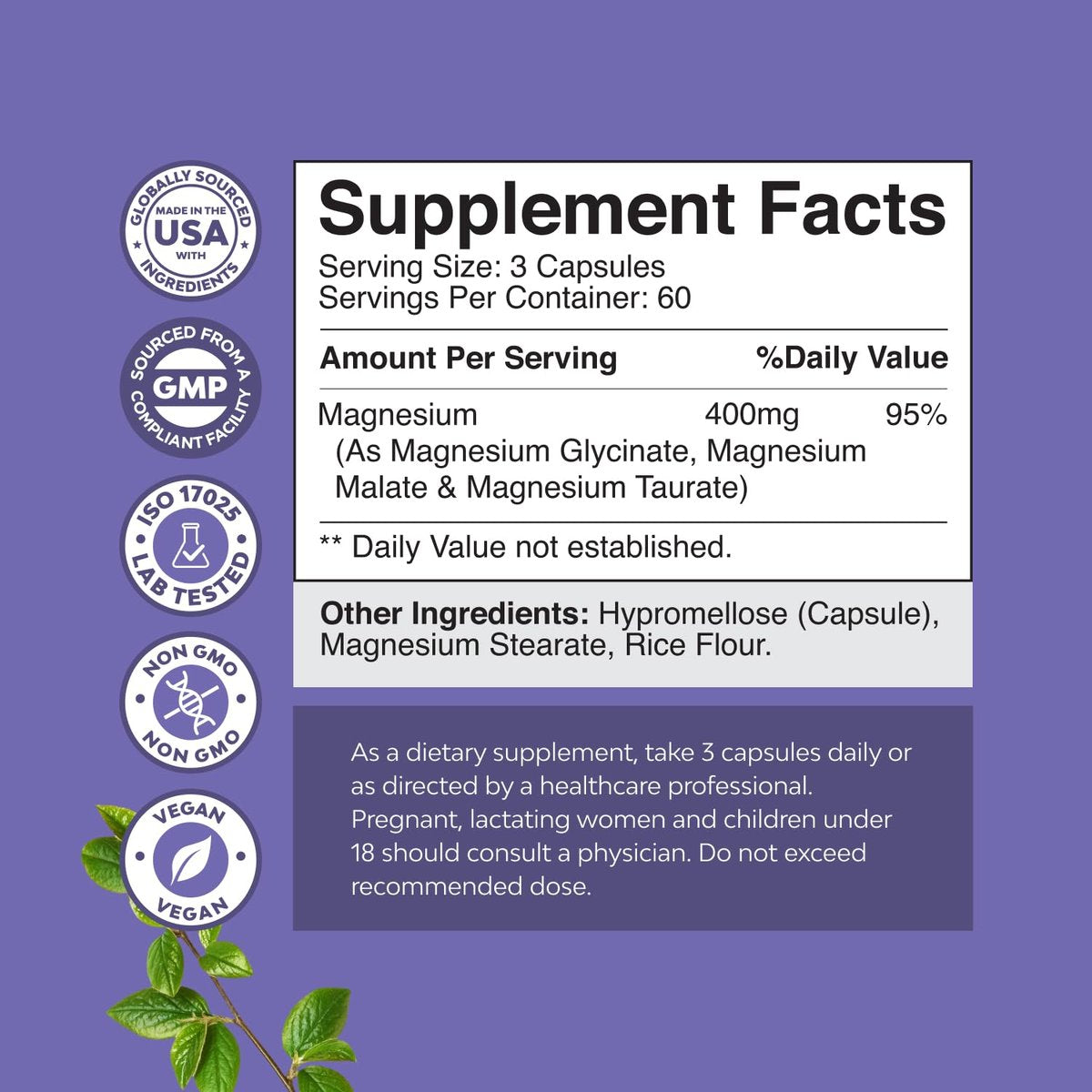 Triple Magnesium Komplex Supplement – Hochabsorbierendes Magnesiumglycinat, Malat & Taurat für Muskelenergie und Herzgesundheit – 400 mg Kapseln, 180 Stück