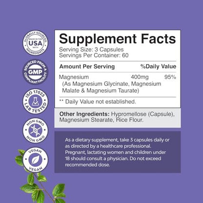 Triple Magnesium Komplex Supplement – Hochabsorbierendes Magnesiumglycinat, Malat & Taurat für Muskelenergie und Herzgesundheit – 400 mg Kapseln, 180 Stück