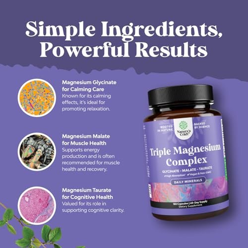 Triple Magnesium Komplex Supplement – Hochabsorbierendes Magnesiumglycinat, Malat & Taurat für Muskelenergie und Herzgesundheit – 400 mg Kapseln, 180 Stück