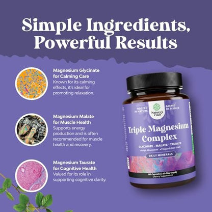 Triple Magnesium Komplex Supplement – Hochabsorbierendes Magnesiumglycinat, Malat & Taurat für Muskelenergie und Herzgesundheit – 400 mg Kapseln, 180 Stück
