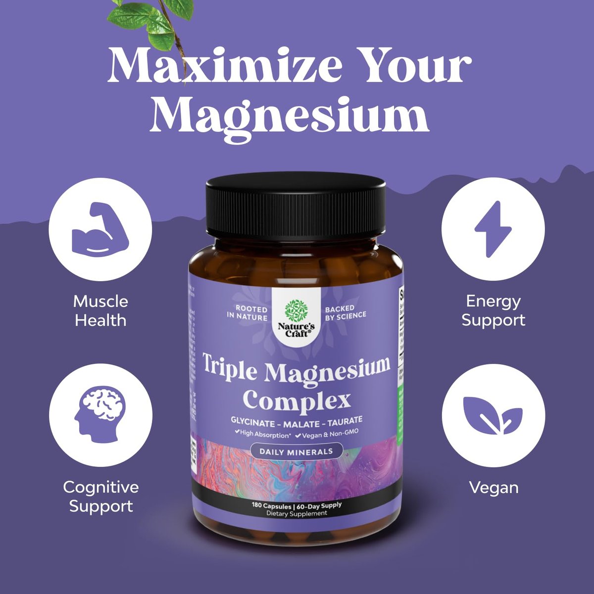 Triple Magnesium Komplex Supplement – Hochabsorbierendes Magnesiumglycinat, Malat & Taurat für Muskelenergie und Herzgesundheit – 400 mg Kapseln, 180 Stück