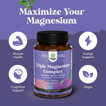 Triple Magnesium Komplex Supplement – Hochabsorbierendes Magnesiumglycinat, Malat & Taurat für Muskelenergie und Herzgesundheit – 400 mg Kapseln, 180 Stück
