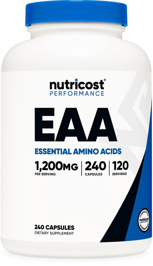 Nutricost EAA Kapseln 1200mg, 240 Kapseln - Essentielle Aminosäuren, 120 Portionen - Non-GMO, Glutenfrei & Vegan