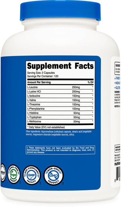 Nutricost EAA Kapseln 1200mg, 240 Kapseln - Essentielle Aminosäuren, 120 Portionen - Non-GMO, Glutenfrei & Vegan
