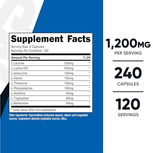 Nutricost EAA Kapseln 1200mg, 240 Kapseln - Essentielle Aminosäuren, 120 Portionen - Non-GMO, Glutenfrei & Vegan