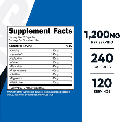 Nutricost EAA Kapseln 1200mg, 240 Kapseln - Essentielle Aminosäuren, 120 Portionen - Non-GMO, Glutenfrei & Vegan