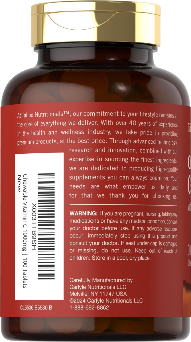 Carlyle Vitamin C Kautabletten | 1000 mg | 100 Tabletten | Natürlicher Orangen-Geschmack | Vegetarisch, Nicht-GVO & Glutenfrei | Tahoe Nutritionals