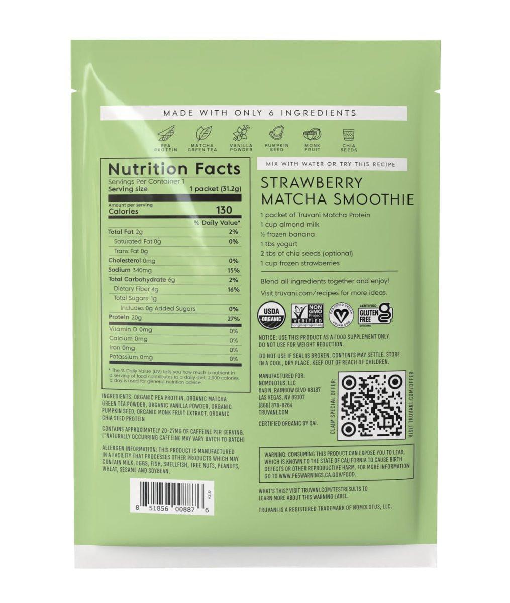 Truvani Veganes Erbsenproteinpulver | Matcha | 20g organisches pflanzliches Protein | 1 Portion | Keto | Gluten- & laktosefrei | Low Carb | Ohne Zuckerzusatz