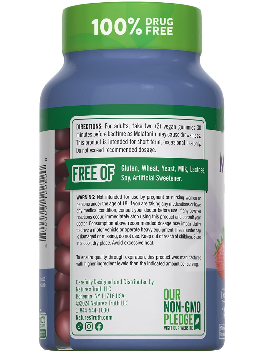 Nature's Truth Melatonin Gummis | 10 mg | 140 Stück | Beerengeschmack | Veganes, Nicht-GVO & Glutenfreies Schlafmittel für Erwachsene