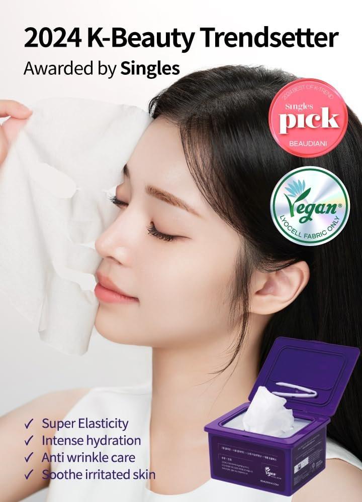 BEAUDIANI Pepti Collagen Daily Sheet Mask (31 Stück) – Feuchtigkeitsspendende & straffende Gesichtsmaske mit 7 Kollagenen, 6 Peptiden & Hyaluronsäure | Feuchtigkeitsspendende koreanische Hautpflege für alle Hauttypen