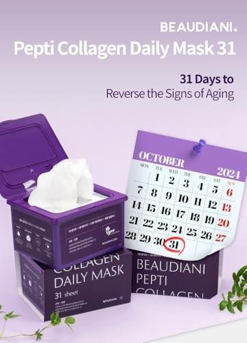 BEAUDIANI Pepti Collagen Daily Sheet Mask (31 Stück) – Feuchtigkeitsspendende & straffende Gesichtsmaske mit 7 Kollagenen, 6 Peptiden & Hyaluronsäure | Feuchtigkeitsspendende koreanische Hautpflege für alle Hauttypen