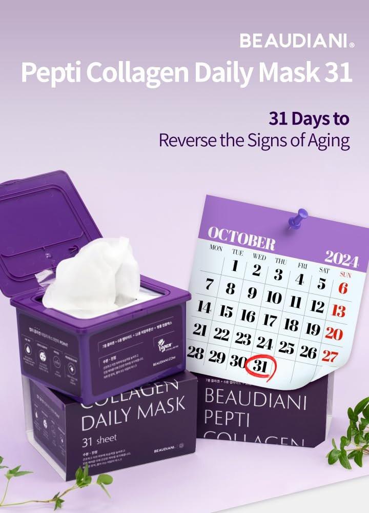 BEAUDIANI Pepti Collagen Daily Sheet Mask (31 Stück) – Feuchtigkeitsspendende & straffende Gesichtsmaske mit 7 Kollagenen, 6 Peptiden & Hyaluronsäure | Feuchtigkeitsspendende koreanische Hautpflege für alle Hauttypen