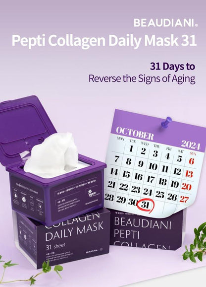 BEAUDIANI Pepti Collagen Daily Sheet Mask (31 Stück) – Feuchtigkeitsspendende & straffende Gesichtsmaske mit 7 Kollagenen, 6 Peptiden & Hyaluronsäure | Feuchtigkeitsspendende koreanische Hautpflege für alle Hauttypen