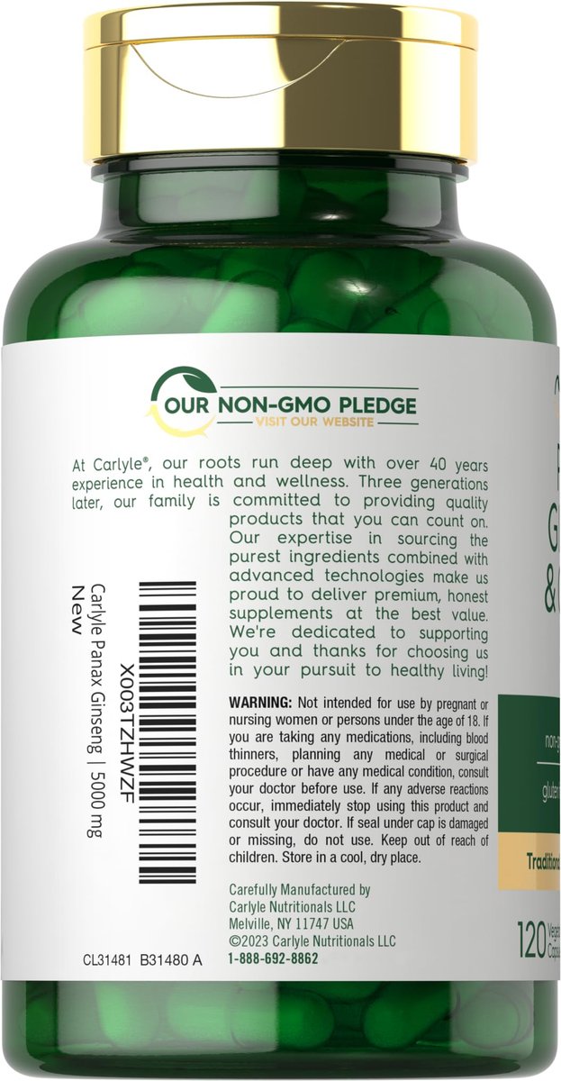 Carlyle Panax Ginseng & Ginkgo | 120 vegane Kapseln | Nicht-GVO & glutenfreies Nahrungsergänzungsmittel